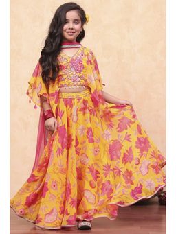 Biba - Yellow Blended Fabric Floral Lehenga with Choli and Dupatta (Set of 3)