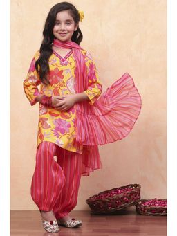 Biba - Yellow Viscose Floral Kurta with Salwar and Dupatta (Set of 3)