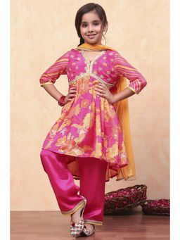 Biba - Pink Blended Fabric Floral Kurta with Palazzo and Dupatta (Set of 3)
