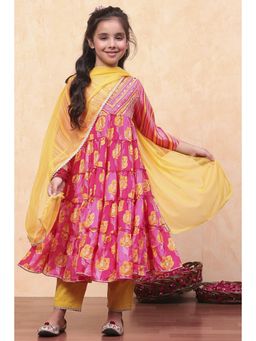 Biba - Pink Blended Fabric Floral Anarkali Kurta with Pant and Dupatta (Set of 3)