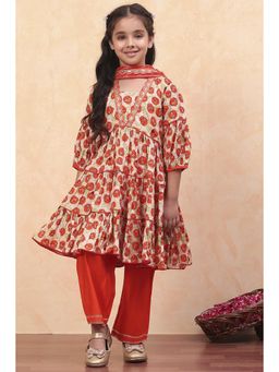 Biba - Orange Viscose Floral Kurta with Palazzo and Dupatta (Set of 3)