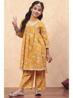 Biba - Yellow Cotton Floral Kurta with Palazzo and Dupatta (Set of 3)