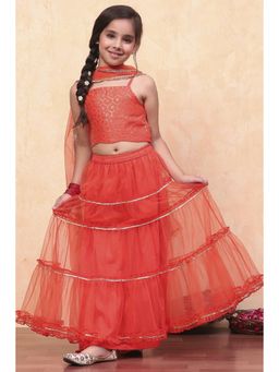 Biba - Orange Chanderi Printed Lehenga with Choli and Dupatta (Set of 3)