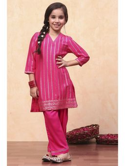 Biba - Pink Viscose Floral Kurta with Palazzo (Set of 2)