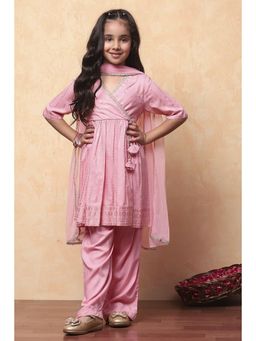 Biba - Pink Rayon Printed Angrakha Kurta with Palazzo and Dupatta (Set of 3)