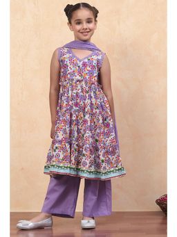 Biba - Lavender Cotton Floral Anarkali Kurta with Palazzo and Dupatta (Set of 3)