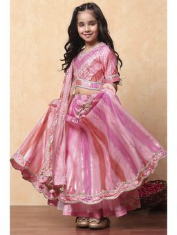 Biba - Pink Chanderi Embroidered Lehenga with Choli and Dupatta (Set of 3)