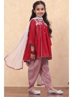 Biba - Red Chanderi Embroidered Kurta with Dhoti and Dupatta (Set of 3)