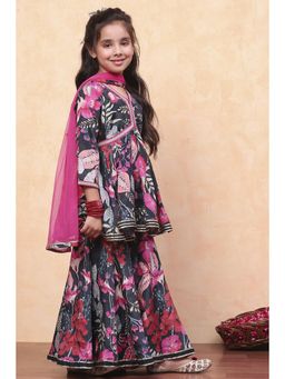 Biba - Black Blended Fabric Floral Kurta with Sharara and Dupatta (Set of 3)