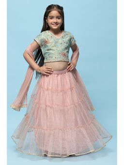 Biba - Green Polyester Embroidered Lehenga with Choli and Dupatta (Set of 3)