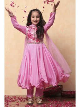 Biba - Pink Floral Anarkali Kurta with Pant, Jacket and Dupatta (Set of 4)