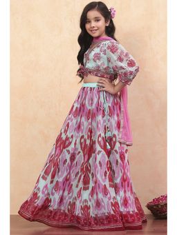 Biba - Turquoise Blended Fabric Floral Lehenga with Choli and Dupatta (Set of 3)