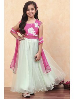 Biba - Green Blended Fabric Floral Lehenga with Choli and Dupatta (Set of 3)