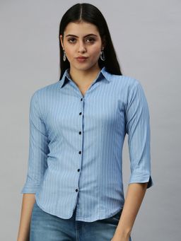 SHOWOFFFF - Women Skinny Fit Regular Sleeves Blue Vertical Stripes Shirt