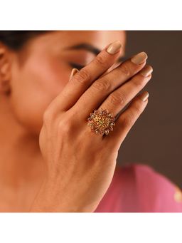Voylla - Gold Essentials Antique Lotus Temple Adjustable Ring