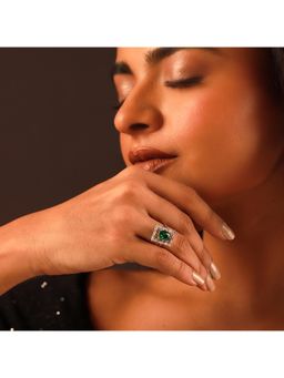 Voylla - Sparkling Elegance Emerald Frame Statement Adjustable Green Ring