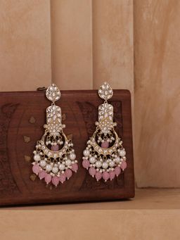 Fida - Golden Kundan Pink Beads And Pearls Drop Earrings
