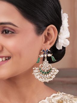 Fida - Golden Peacock Kundan Drop Earrings With Pearl Fringe