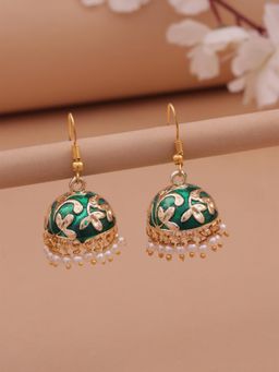 Fida - Golden-Green Meenakari Jhumka Earrings With Pearl Drops