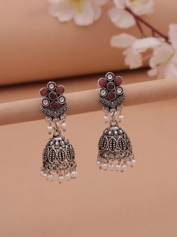 Fida - Ruhani Oxidised Maroon-Pearl Jhumka Drops Earrings