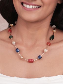 ToniQ - Golden Multi-Coloured Chunky Stone Beaded Adjustable Necklace