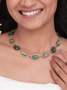 ToniQ - Green Marble Stone Link Statement Adjustable Choker Necklace