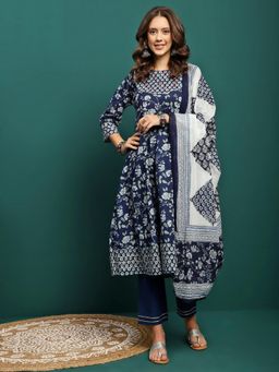 Gahan - Indigo Floral Printed Anarkali Kurta with Pant & Dupatta