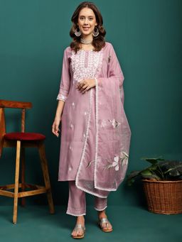 Gahan - Mauve Silk Dori Embroidery Kurta with Pant & Organza Handpainted Dupatta
