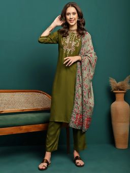 Gahan - Olive Green Embroidery Kurta with Pant & Dupatta