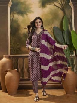 Gahan - Purple Floral Printed V Neck Straight Kurta with Pant & Dupatta