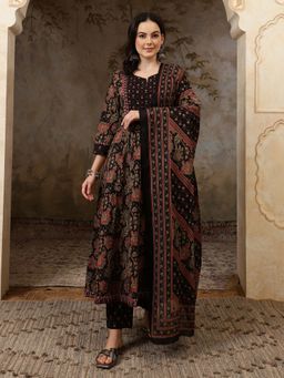 Gahan - Black Floral Printed Embroidery Anarkali Kurta with Pant & Dupatta