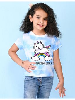Nusyl - Girls Blue Rainbow Printed Tie and Dye T-Shirt