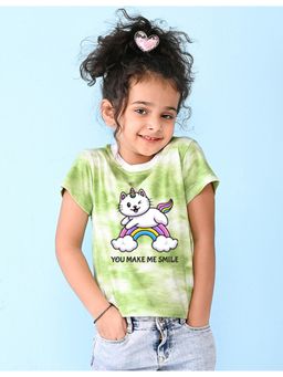 Nusyl - Girls Green Rainbow Printed Tie and Dye T-Shirt
