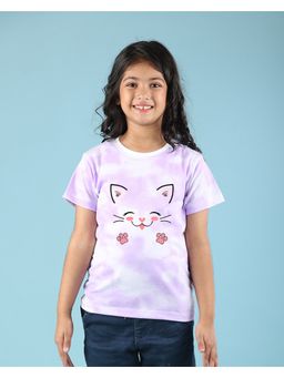 Nusyl - Lilac Cat Printed Round Neck Half Sleeve Tie and Dye T-Shirt
