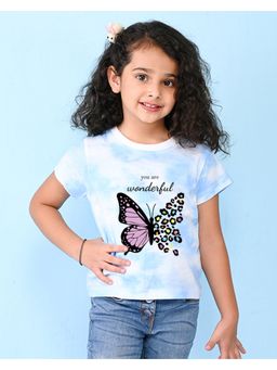 Nusyl - Sky Blue Butterfly Printed Round Neck Half Sleeve Tie and Dye T-Shirt
