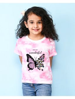 Nusyl - Pink Butterfly Printed Round Neck Half Sleeve Tie and Dye T-Shirt