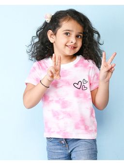 Nusyl - Pink Heart Printed Round Neck Half Sleeve Tie and Dye T-Shirt