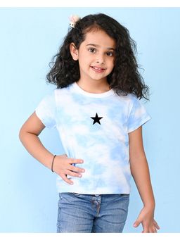 Nusyl - Sky Blue Star and Text Printed Round Neck Half Sleeve Tie and Dye T-Shirt