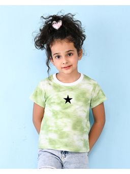 Nusyl - Green Star and Text Printed Round Neck Half Sleeve Tie and Dye T-Shirt