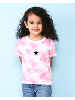 Nusyl - Pink Star and Text Printed Round Neck Half Sleeve Tie and Dye T-Shirt