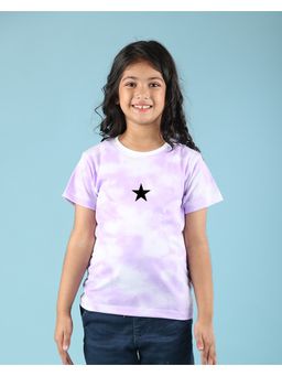 Nusyl - Lilac Star and Text Printed Round Neck Half Sleeve Tie and Dye T-Shirt