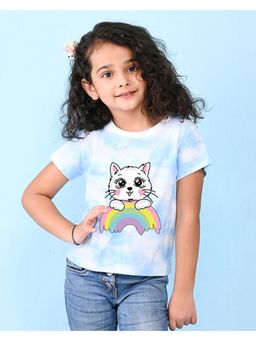 Nusyl - Sky Blue Cat and Rainbow Printed Round Neck Half Sleeve Tie and Dye T-Shirt
