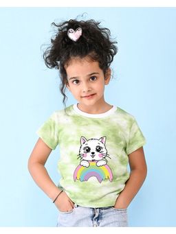 Nusyl - Green Cat and Rainbow Printed Round Neck Half Sleeve Tie and Dye T-Shirt