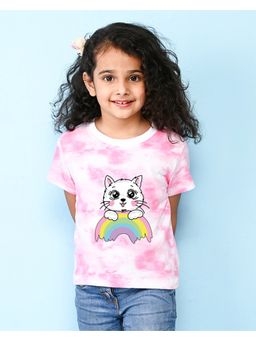 Nusyl - Pink Cat and Rainbow Printed Round Neck Half Sleeve Tie and Dye T-Shirt