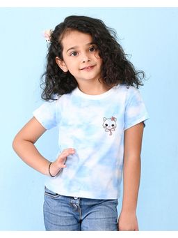 Nusyl - Sky Blue Cute Cat Printed Round Neck Half Sleeve Tie and Dye T-Shirt