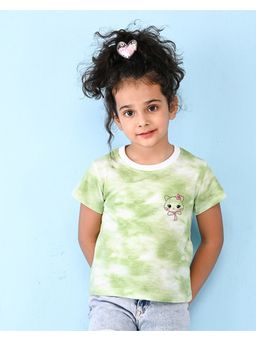 Nusyl - Green Cute Cat Printed Round Neck Half Sleeve Tie and Dye T-Shirt