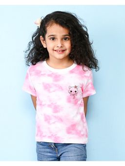 Nusyl - Pink Cute Cat Printed Round Neck Half Sleeve Tie and Dye T-Shirt