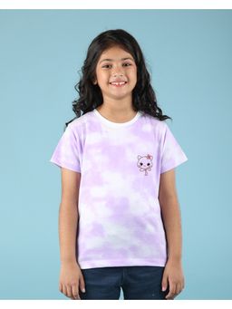 Nusyl - Lilac Cute Cat Printed Round Neck Half Sleeve Tie and Dye T-Shirt