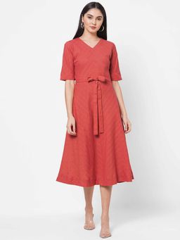 Kami Kubi - Red Self Design Midi Dress with Belt
