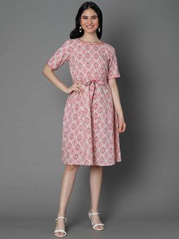 Kami Kubi - Maroon Printed Knee Length Dress with Belt